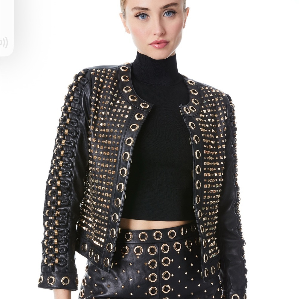 Alice + Olivia Black and Gold Leather Jacket